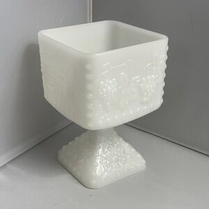 VTG White Milk Glass Pedestal Square Grape and Leaf Pattern‎ Candy Dish